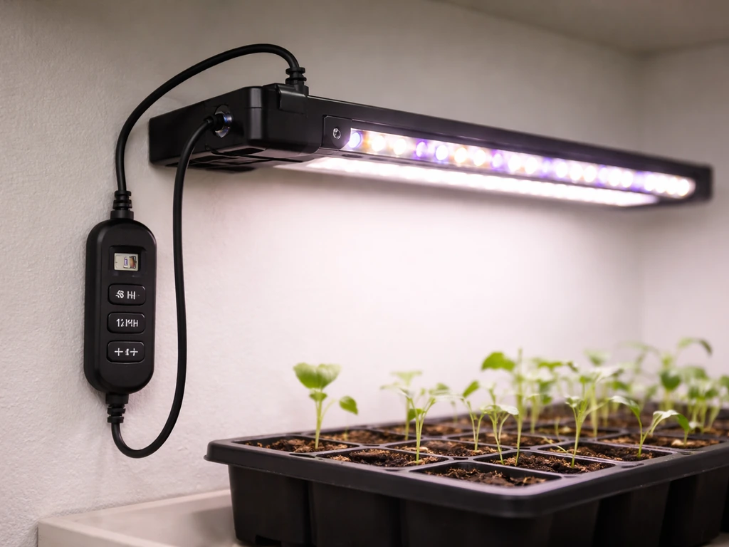 Ezorkas grow light fixture with timer/controller and power cord on a simple indoor setup