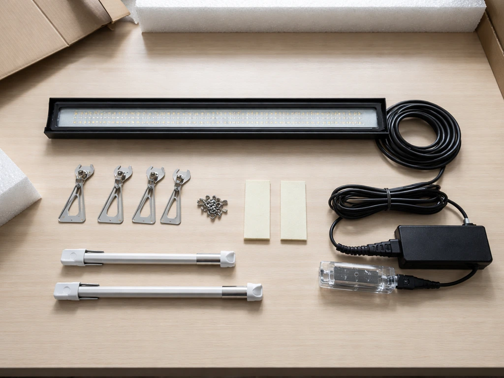 Unboxing layout of an LED grow light kit: fixture, mounting brackets, screws, foam tape, adapter, stand parts.