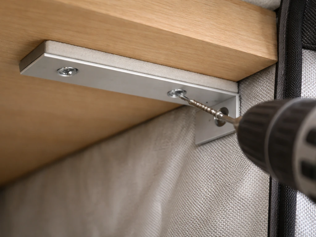 Close-up of a grow light bracket being mounted under a wooden shelf using screws and foam tape