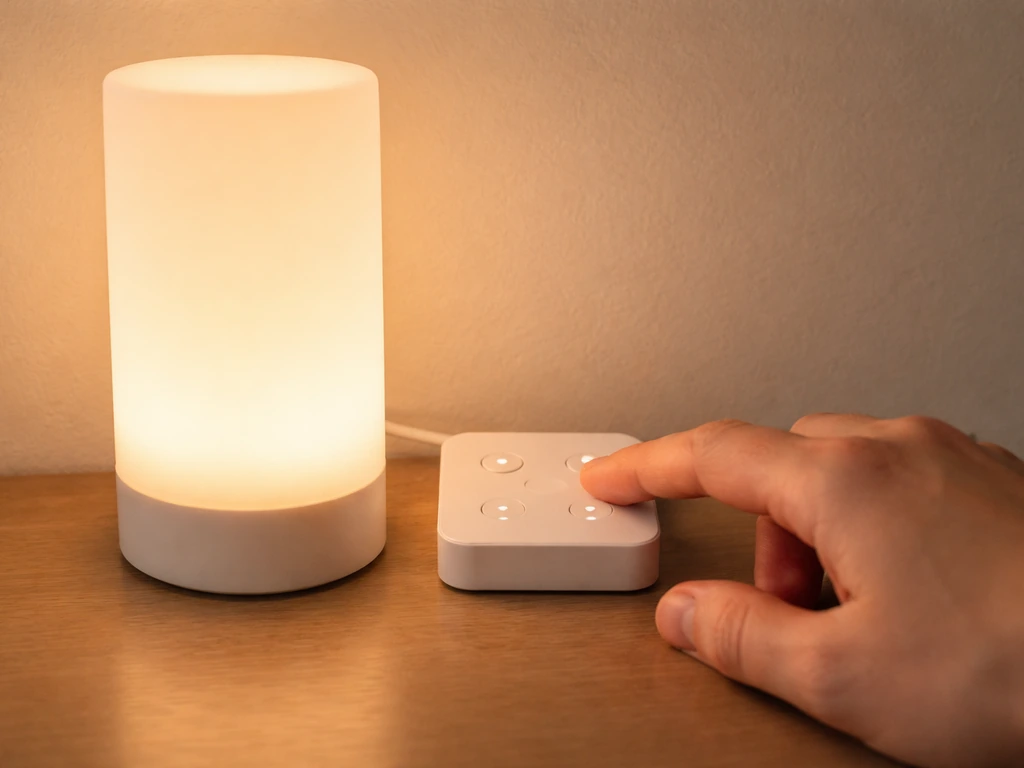 Close-up of a hand pressing a timer button on a smart light controller, with the light glowing.