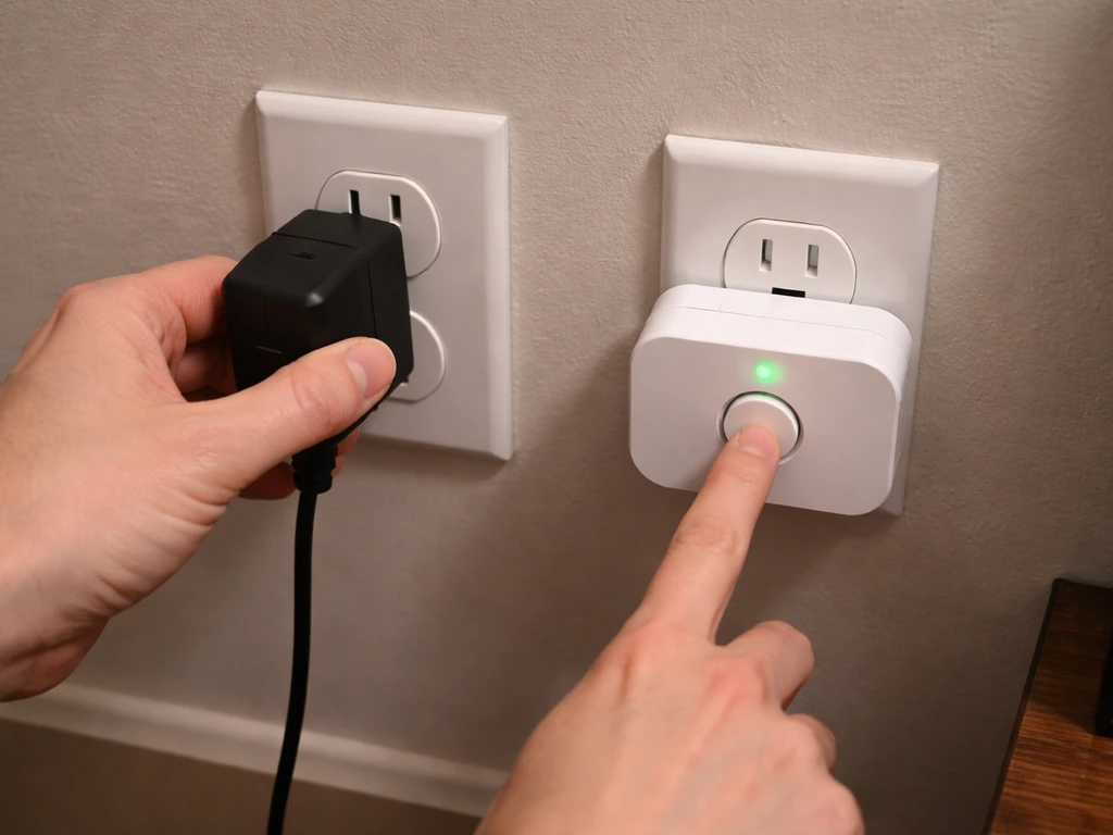 Person reconnecting a power adapter to a wall outlet, then pressing a timer button on a light controller
