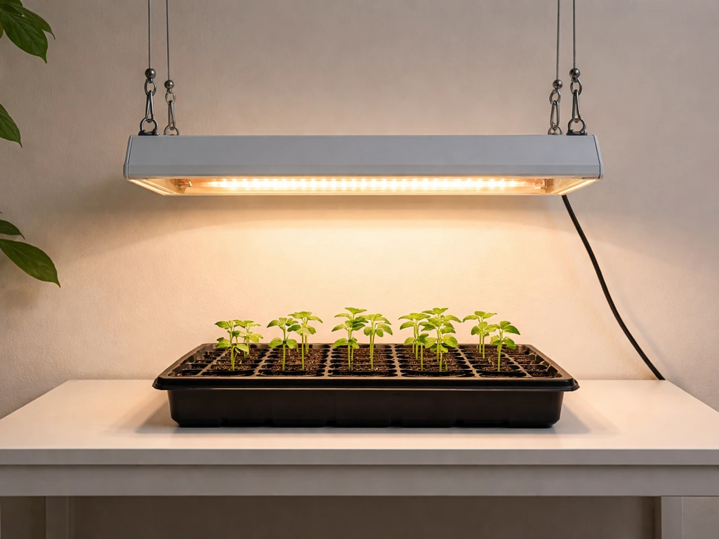 Lordem grow light mounted above small indoor seedlings, ready and turned on.
