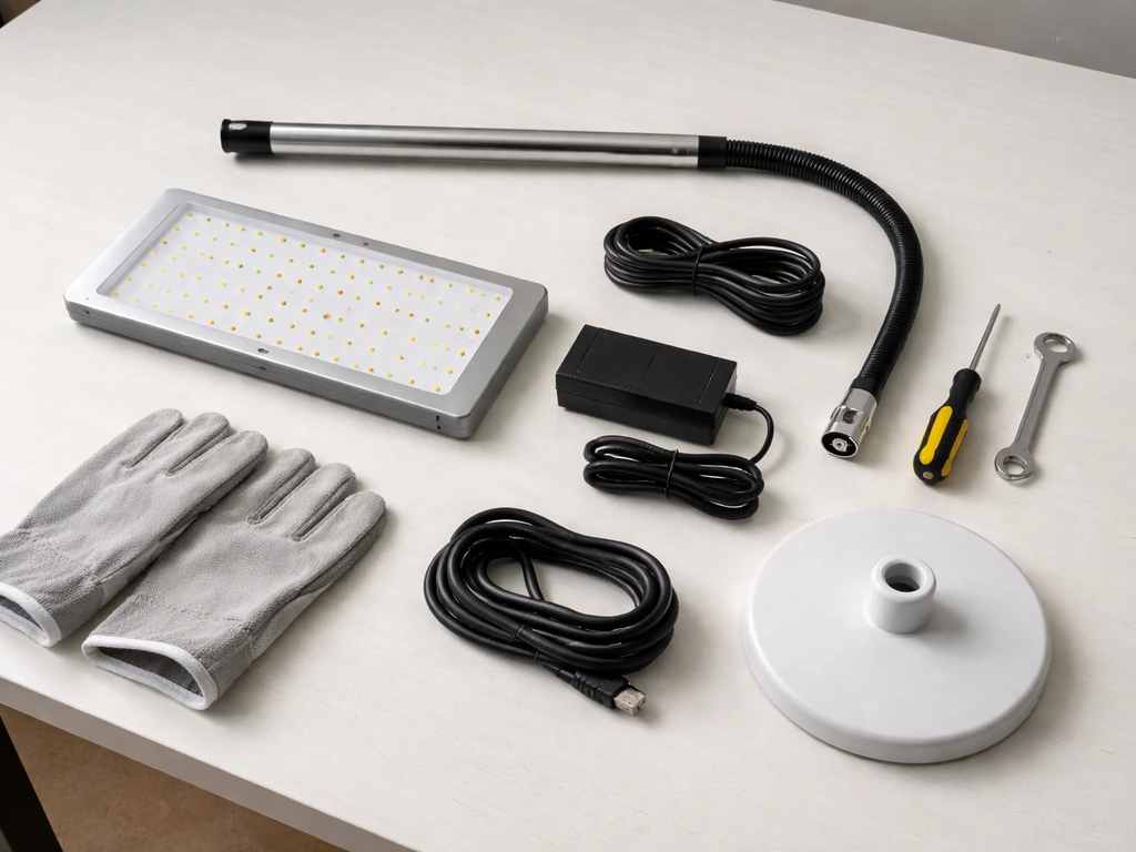 Grow light kit parts laid out on a table with mounting arm, cables, and tools nearby