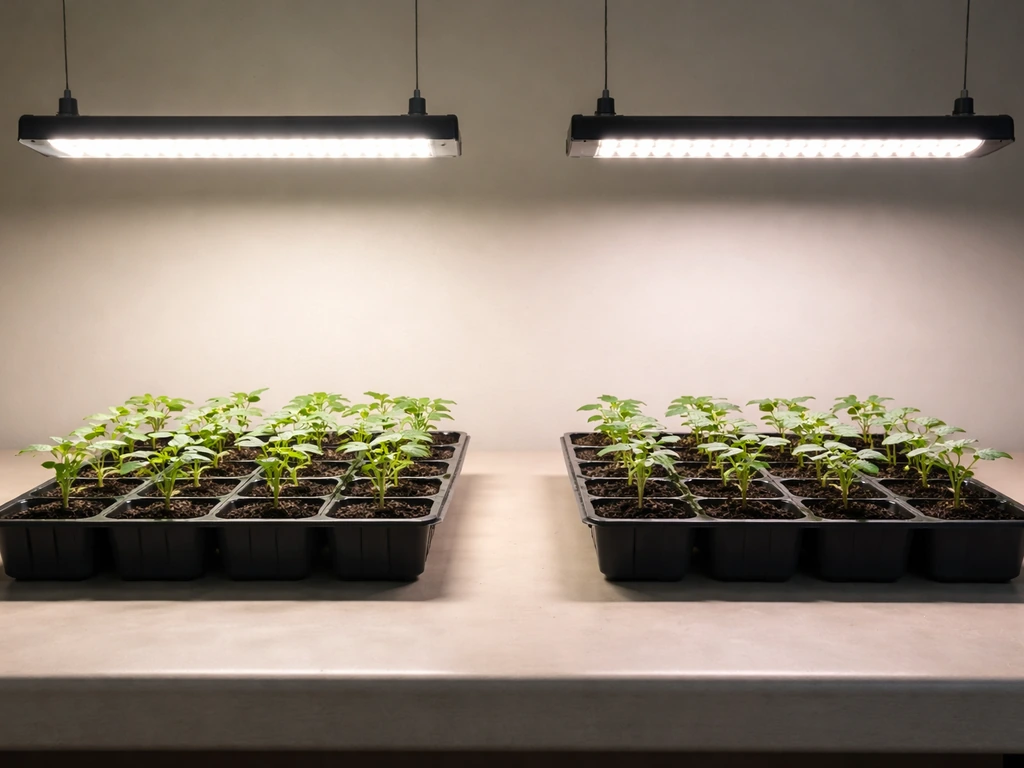 Two rows of small seedlings under grow lights with different brightness levels to show coverage changes
