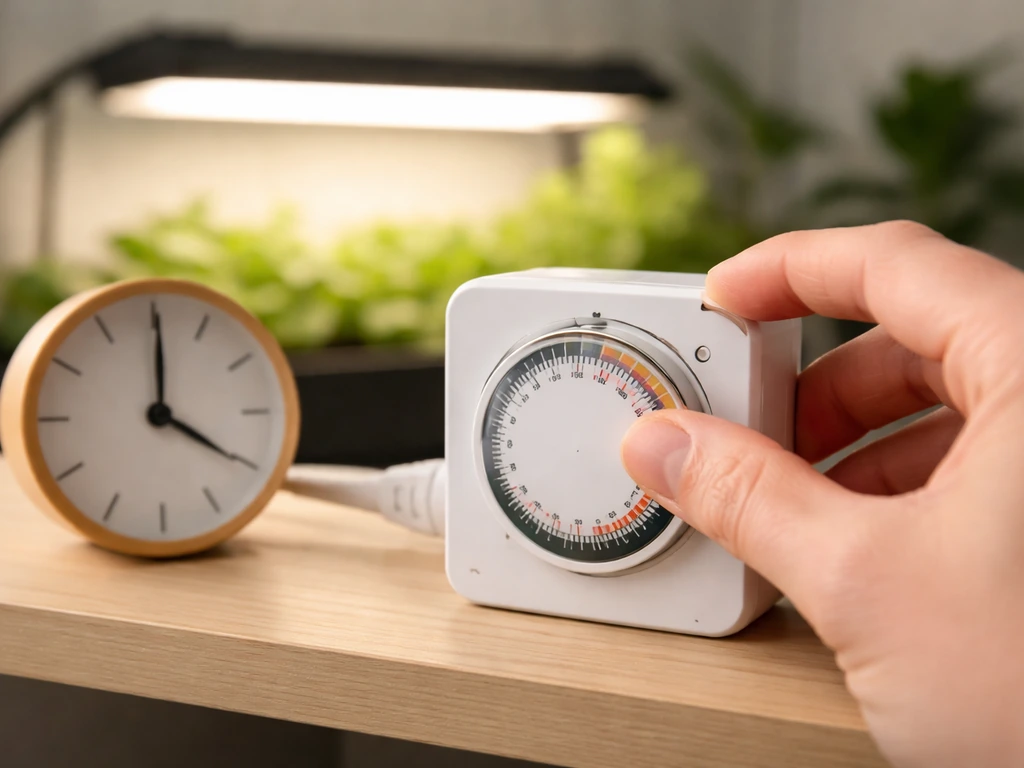 Hand adjusting a small indoor grow light timer with a compact clock beside it