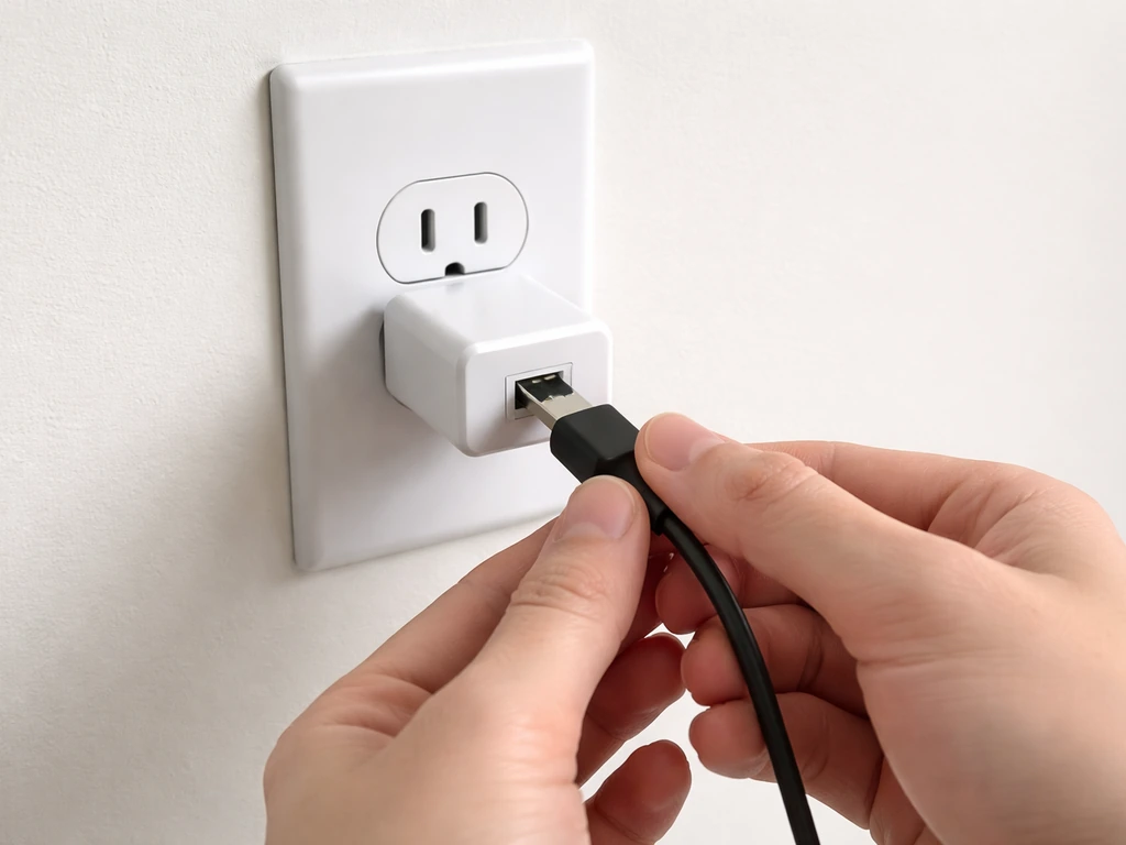Close-up of a USB cable being re-plugged into a wall power adapter for a light troubleshoot.