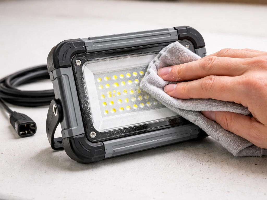 Unplugged LED light unit on a bench as a hand wipes the lens with a dry microfiber cloth.