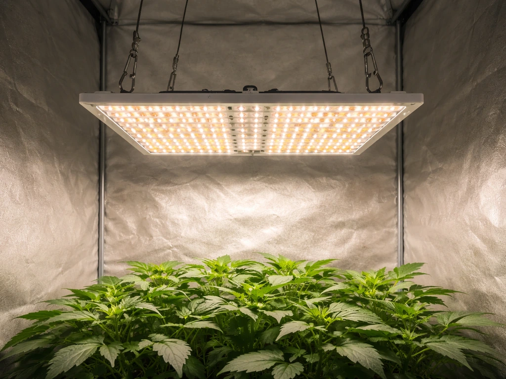 Koscheal KS-S LED grow light hanging over a small indoor grow tent canopy with healthy plants