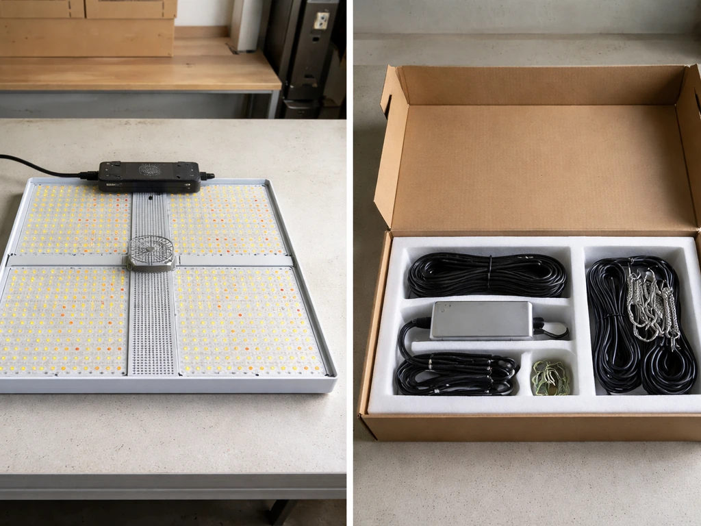 Koscheal KS-S grow light panel beside an open box showing typical kit hardware and power components.