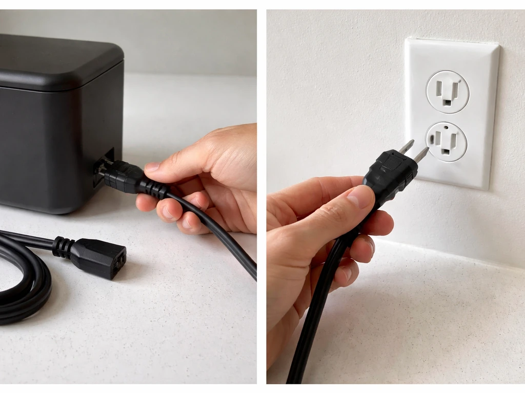 Close-up of unplugged power cord inspection and connectors being reseated near a standard wall outlet.