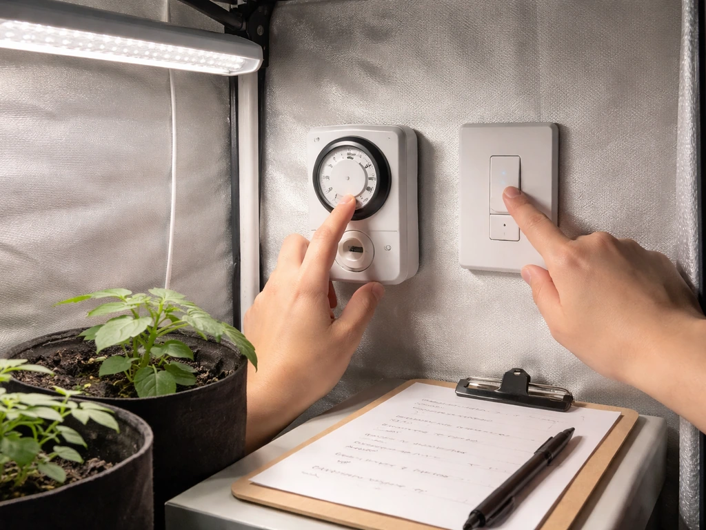 Hand adjusting a grow tent timer and switch next to the grow light with blank note pages nearby.