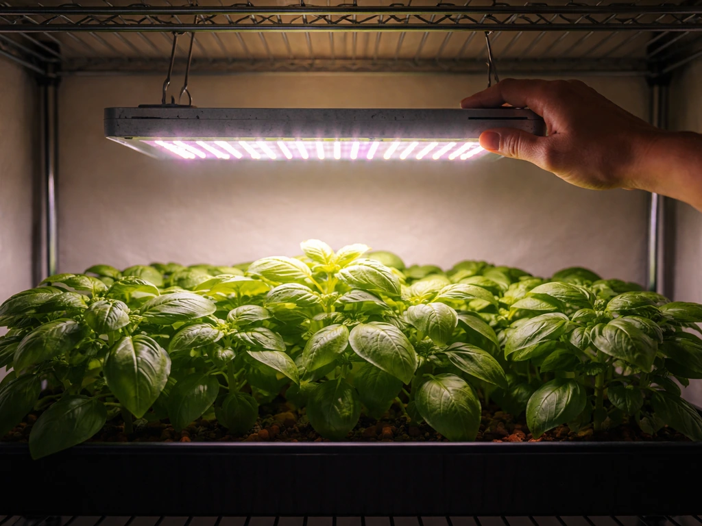 LED grow light over a few plants: brighter center leaves and dimmer edges while a hand adjusts it.
