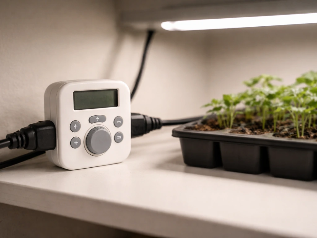 Close-up of a grow light timer controller with power cord beside an LED grow light in a simple indoor setup.