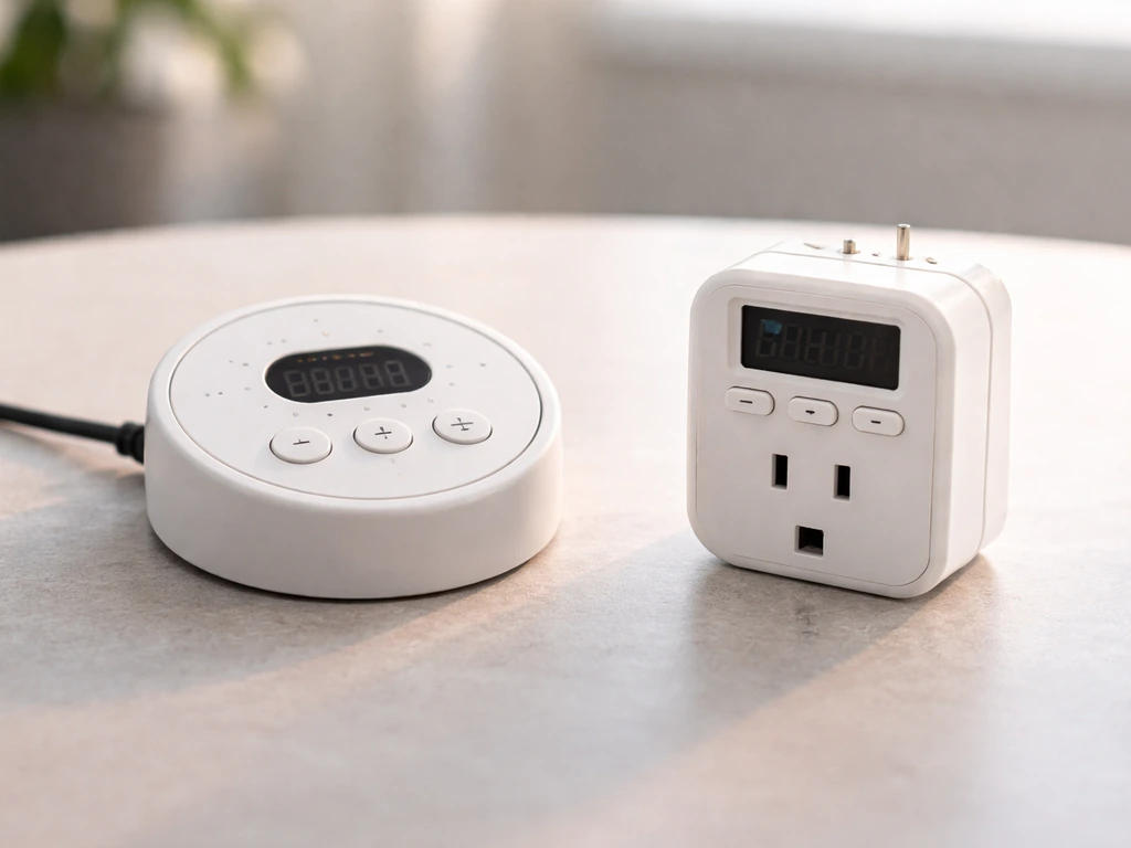 Two SANSI-style grow light timer controllers side-by-side: puck controller and plug-in timer module.