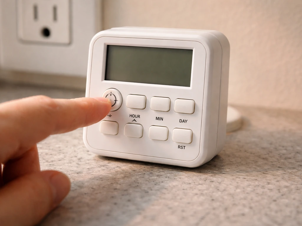Close-up of a SANSI-style light timer controller ready to program a daily repeating on/off cycle