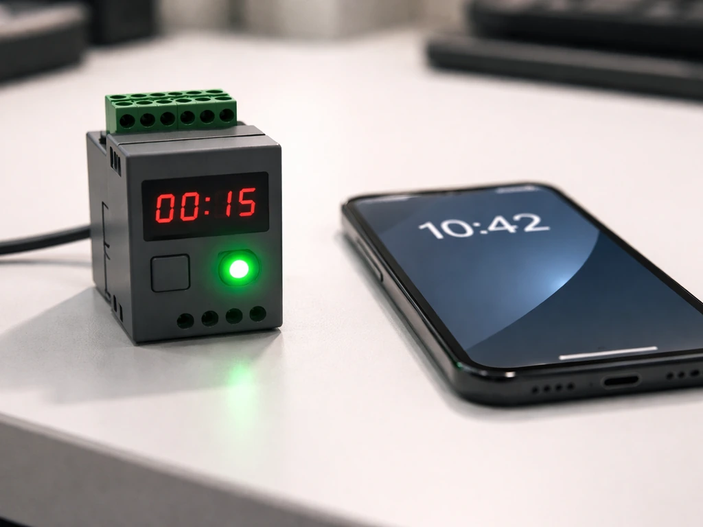 Close-up of a timer device with a glowing LED and a phone clock in view for a quick verification test.