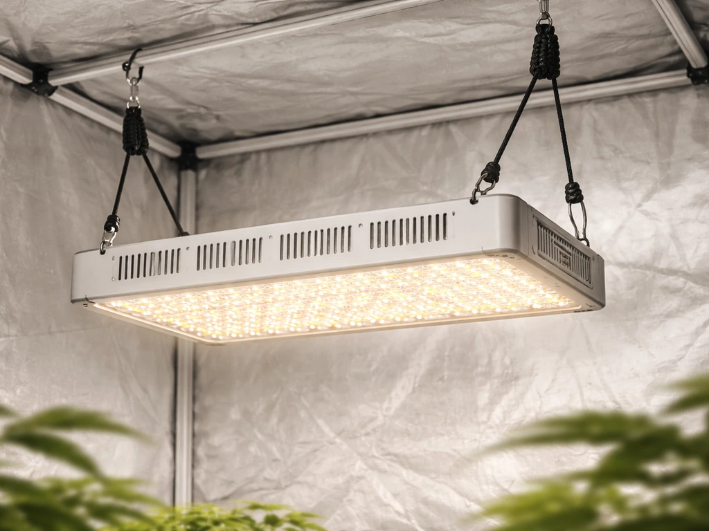 Giixer 1000W LED grow light hanging in a grow tent with rope-ratchet suspension.