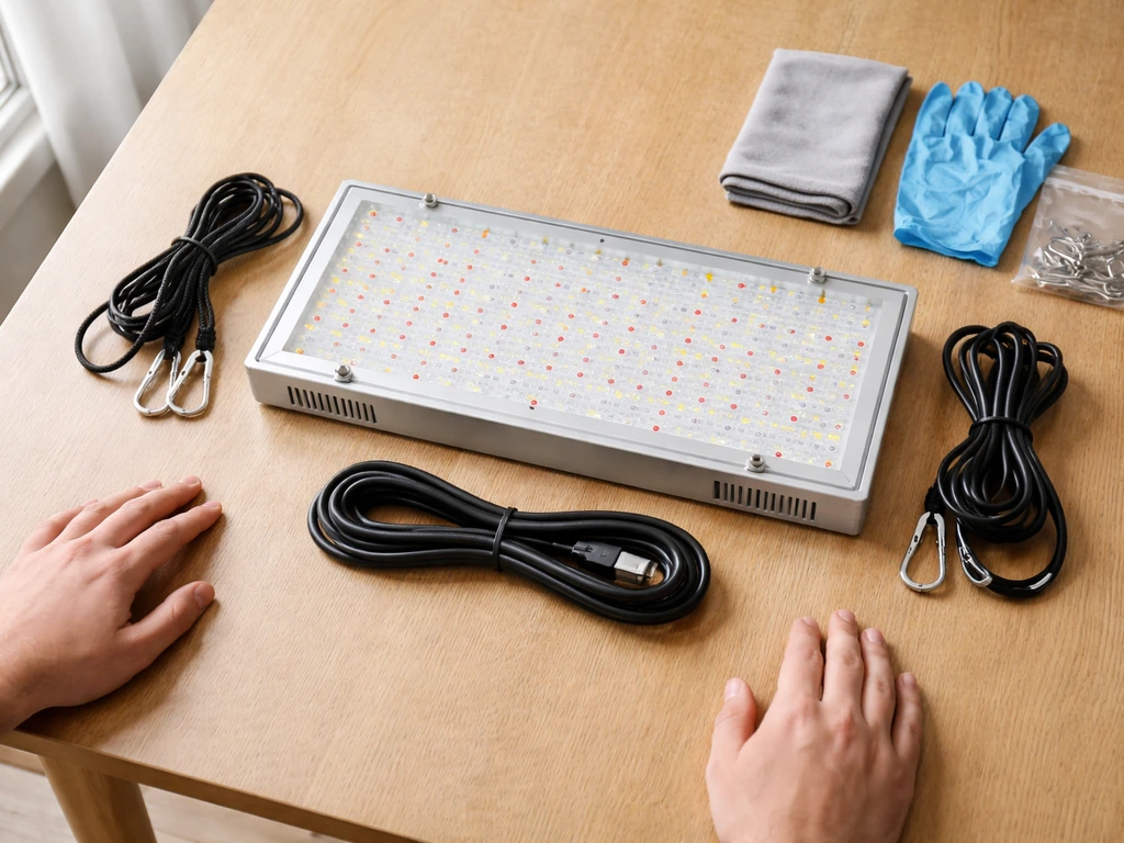 Giixer 1000W LED grow light kit components laid out on a table with safety items nearby, ready for checks.