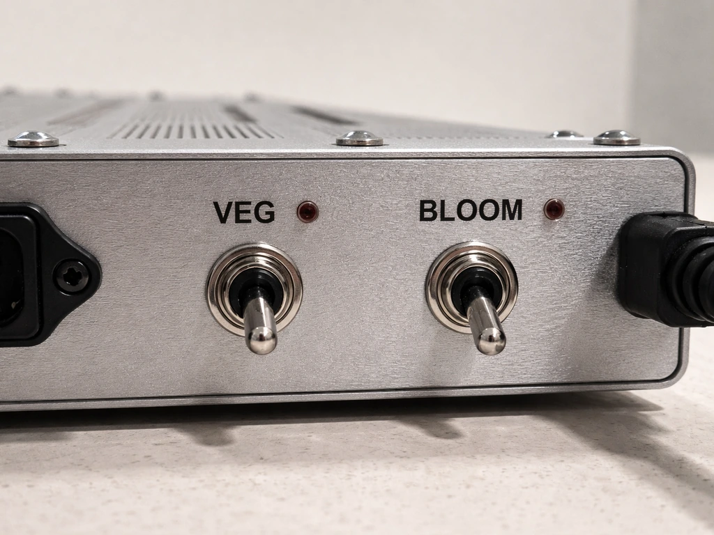 Close-up of an LED grow light’s back panel showing two switches for VEG and BLOOM channels.