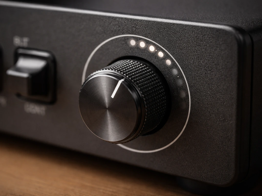 Close-up of a stepless dimmer knob on a rear panel showing a dial position for dimming.