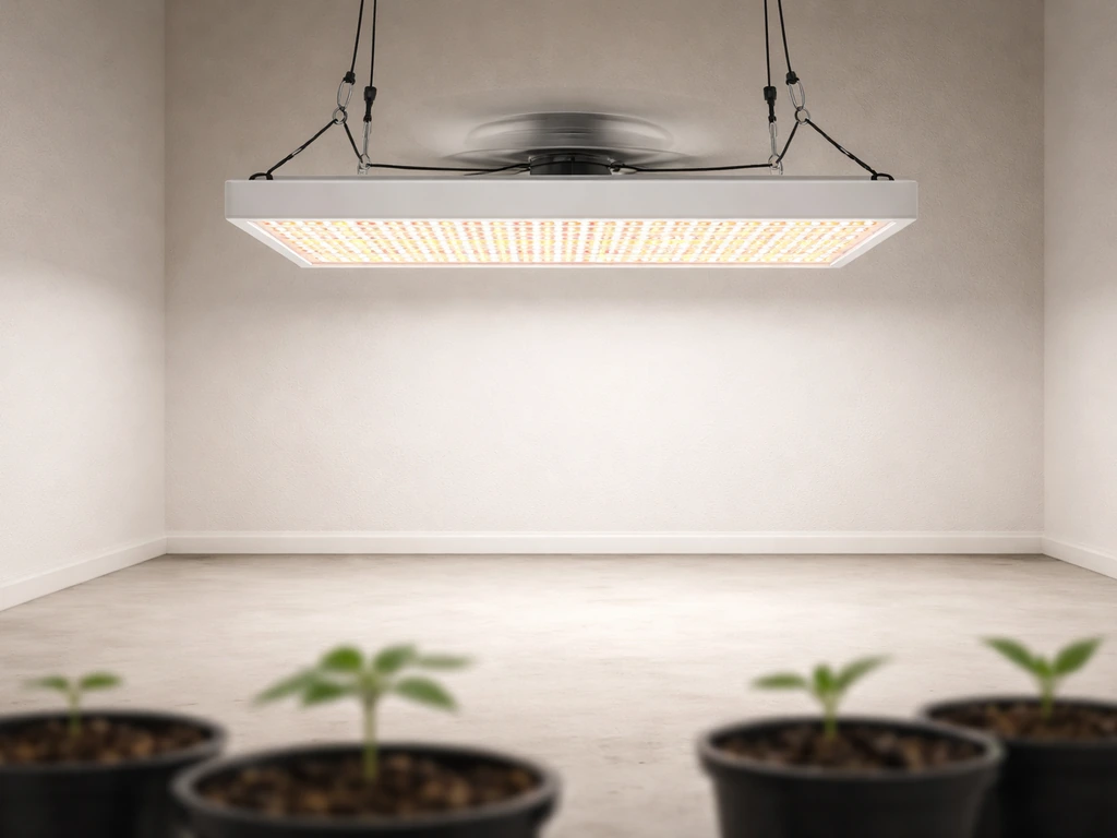 Grow light switched on over plants, showing even LED illumination and working airflow.