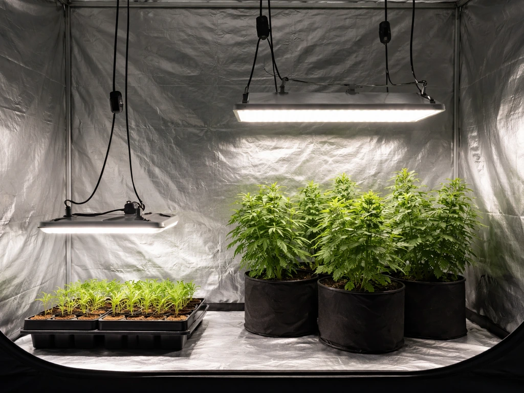 Green tent interior showing grow lights at three different heights over plants.