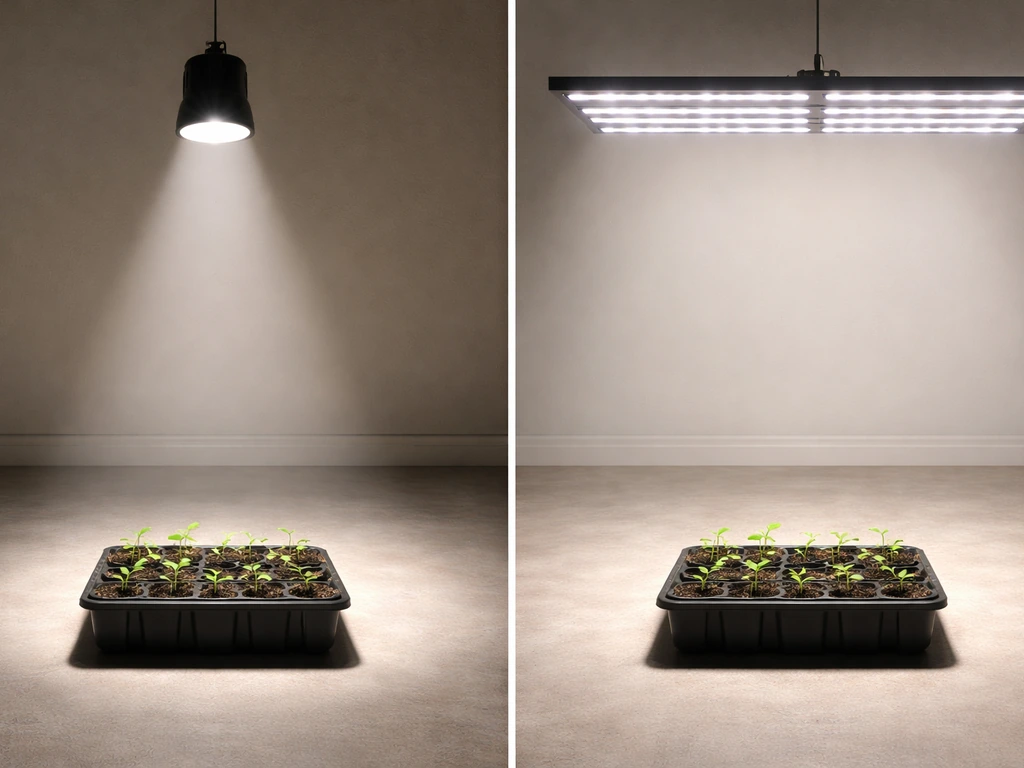 Two LED grow lights over a seedling show tight cone vs wide bar beam coverage on the soil.