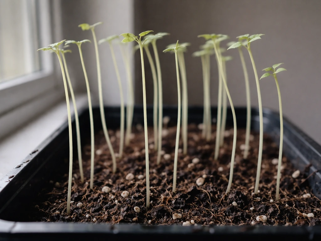 Close-up of leggy, stretched seedlings reaching upward under dim light