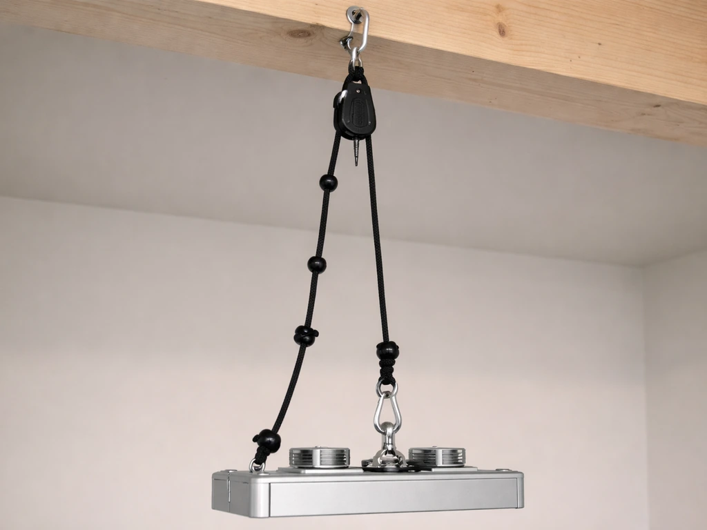Rope ratchet hanging hardware with the fixture suspended, showing height adjustment points and secure attachment