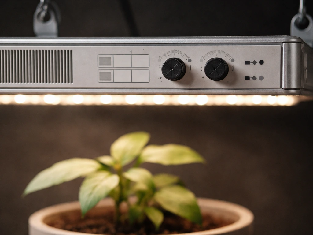 Close-up of an LED grow light near an indoor plant, showing a non-readable spec label area.