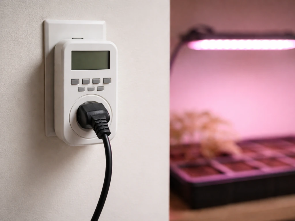 Digital outlet timer controlling an LED grow light over a dark light cycle for seedlings