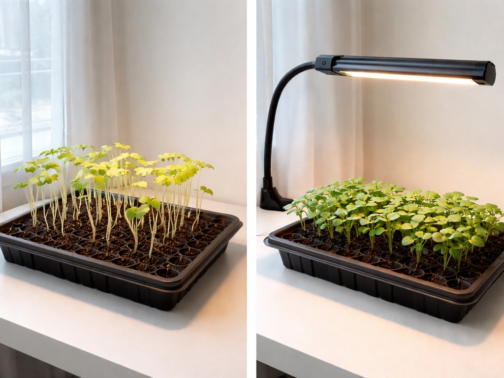Two potted seedlings on a windowsill: one leggy and pale, one compact and healthy under a nearby grow light.