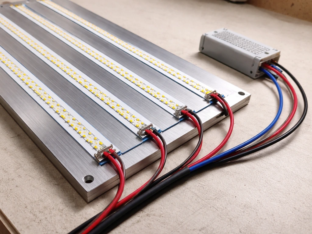 DIY LED grow light: LED strips on aluminum heatsink connected to a driver with neat wiring.