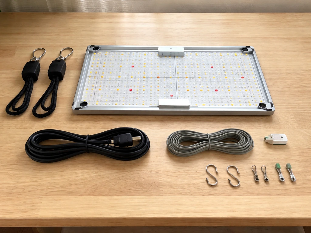 VS1000 grow light parts laid out on a table: light panel, rope hangers, power and RJ11 cables, controller parts.