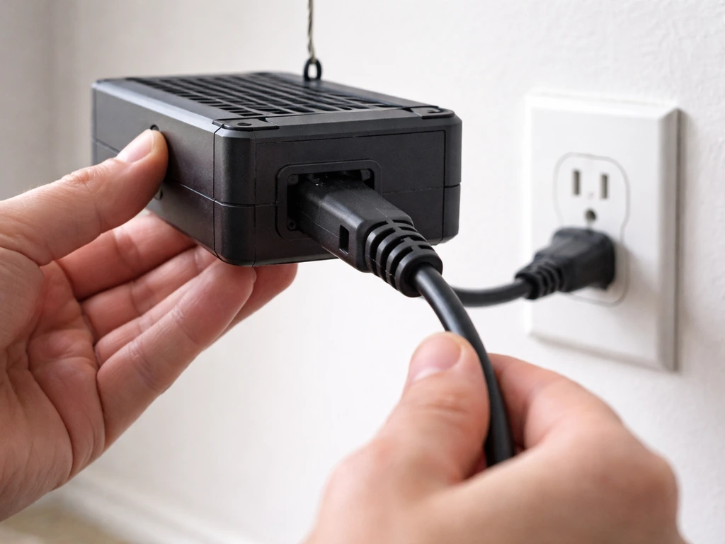Close-up of a VS1000-style power input connected to an included cord, plugged into a wall outlet.