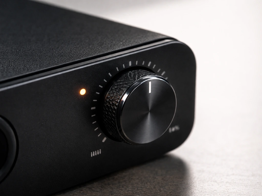 Close-up of a dimmer/control knob on a compact audio device panel set to a mid brightness level
