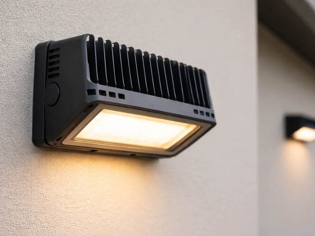 Close-up of a passive heatsink light fixture with clear airflow space around its vents