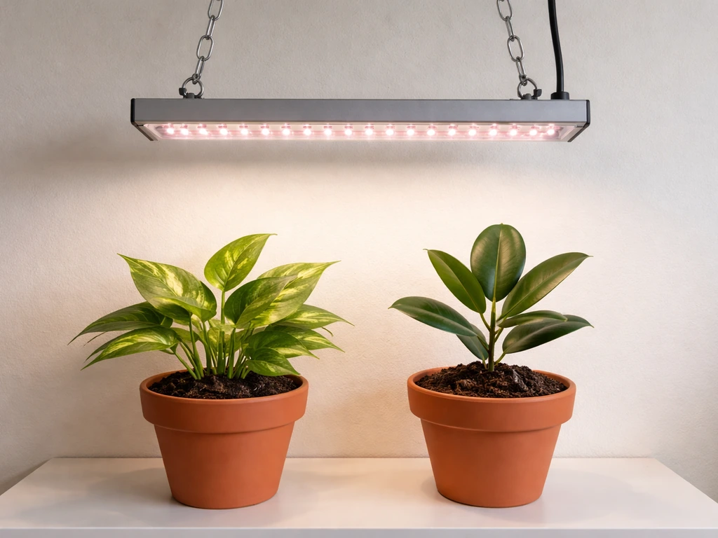 LED grow light fixture hanging above potted plants in a simple indoor setup, realistic placement view.