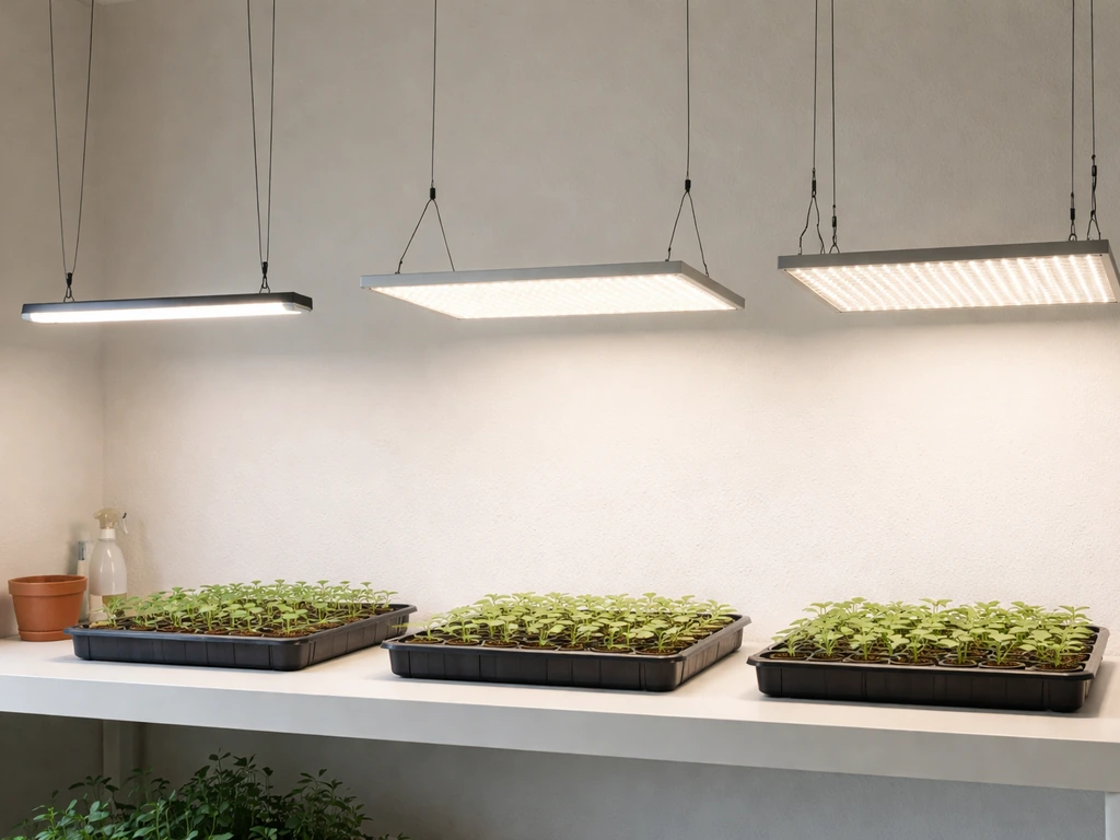 Three LED grow light types—bar, panel, and quantum board—side by side over seedling trays.