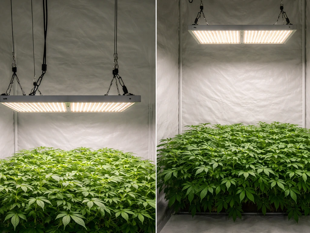 LED grow light panel hanging over plant canopy with adjustable hangers, showing proper mounting height and angle