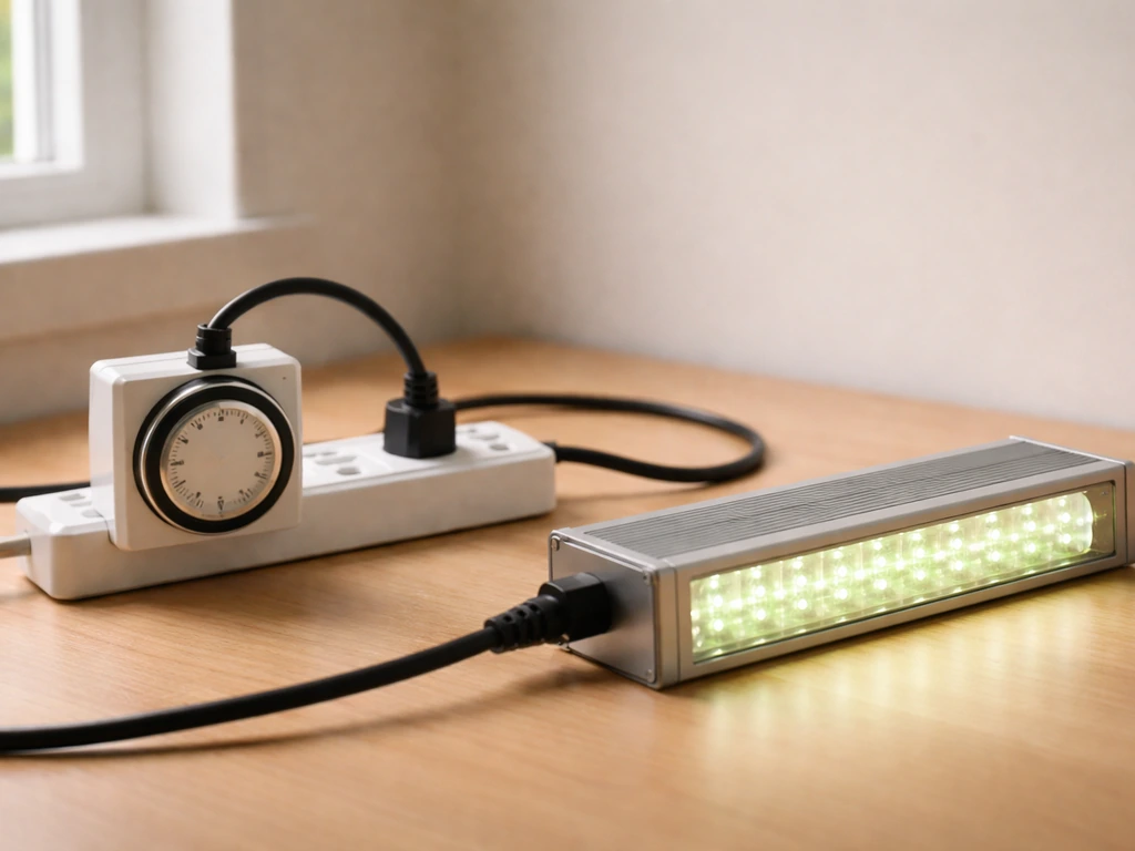 LED grow light plugged into a mechanical timer on a power strip on a wooden desk.