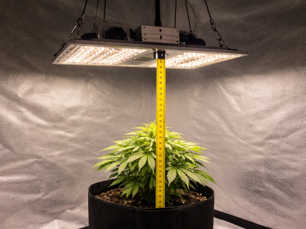 Measuring tape checks canopy height under a lit grow light above a stressed plant.