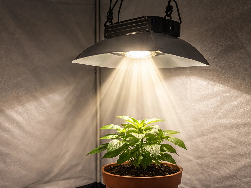 A grow light with a reflector redirects light rays toward a potted plant canopy instead of the walls.