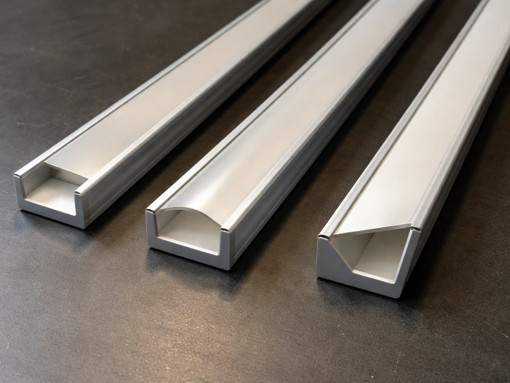 Close-up of three minimal LED fixtures with different reflector shapes showing varied light direction