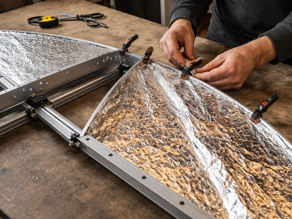 Hands attaching reflective Mylar to a wing-style reflector frame on a workshop workbench.