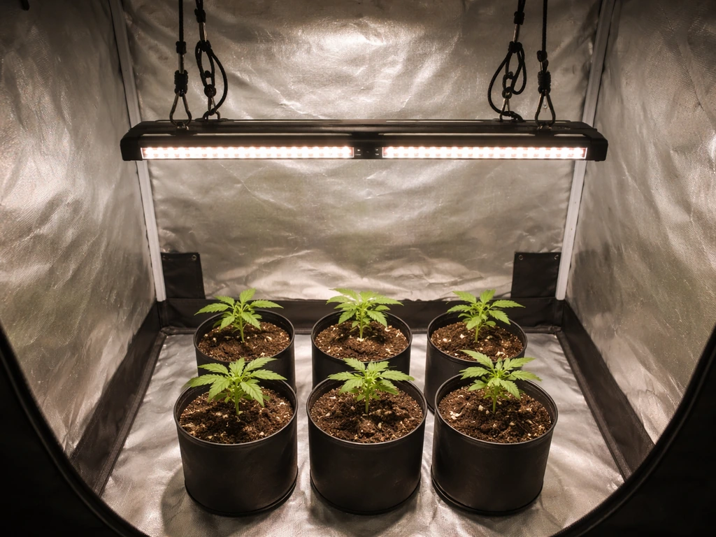 Top-down view of a bar-style LED grow light over seedlings inside a grow tent, showing hanging height and lighting.