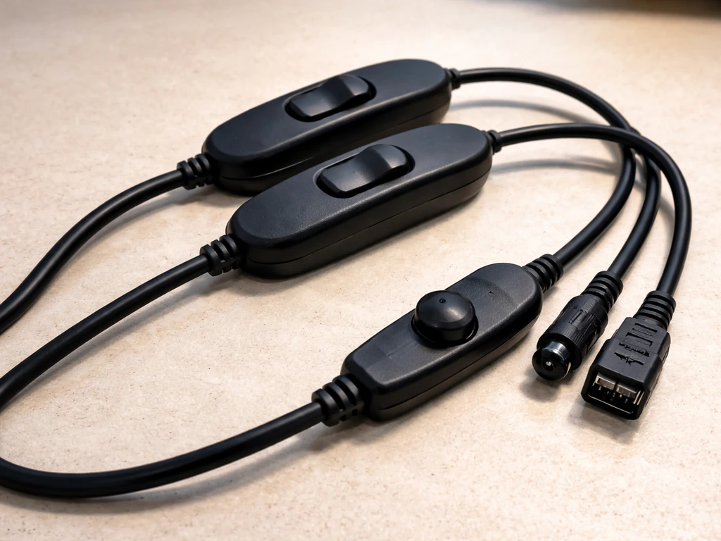 Close-up of a double-switch power/control cord with dimmer/timer connection ports in a clean workspace