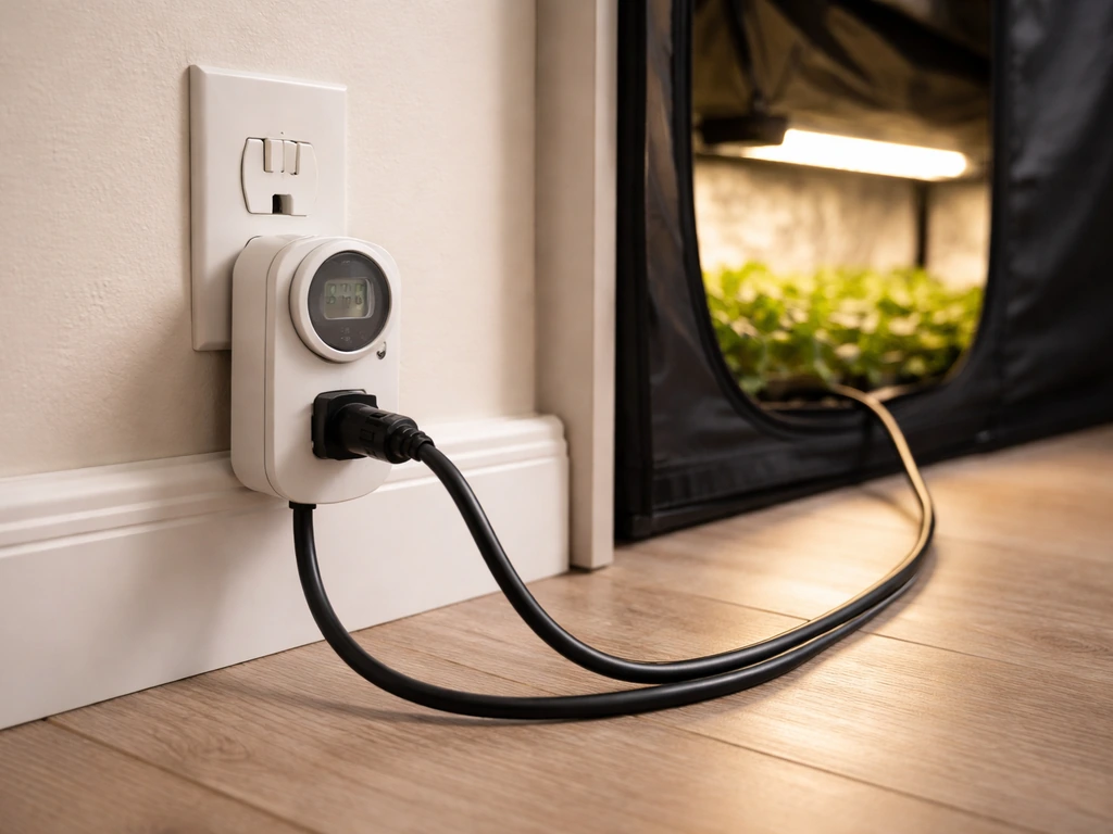 Outlet timer plugged between wall outlet and LED grow light power cord on a grow tent floor.