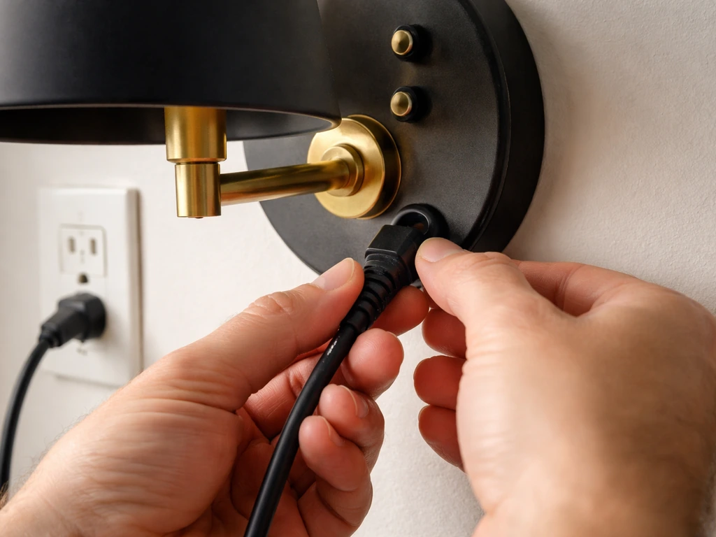 Hands reseating a lamp power cord into the fixture port while two switches are toggled