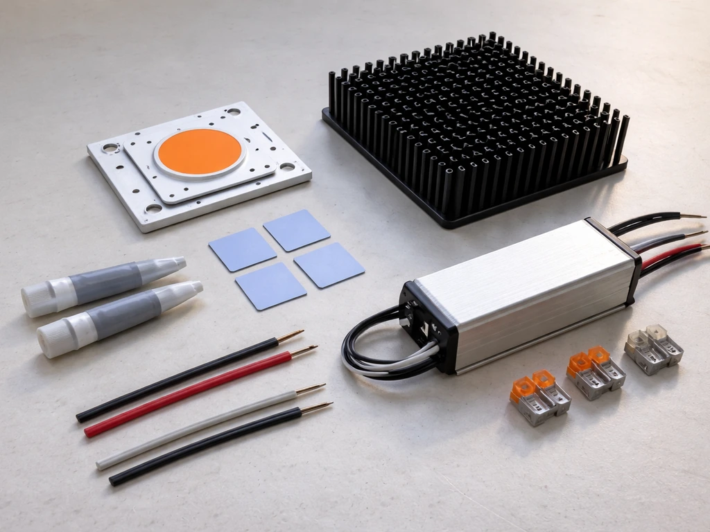 DIY LED grow-light parts laid out: COB/LED strips, heatsink, thermal paste, driver, wiring and connectors.